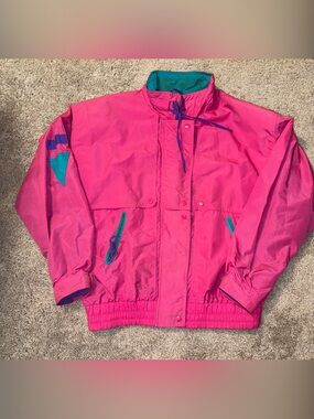 Vintage Bright Pink Windbreaker Jacket with Teal Accents